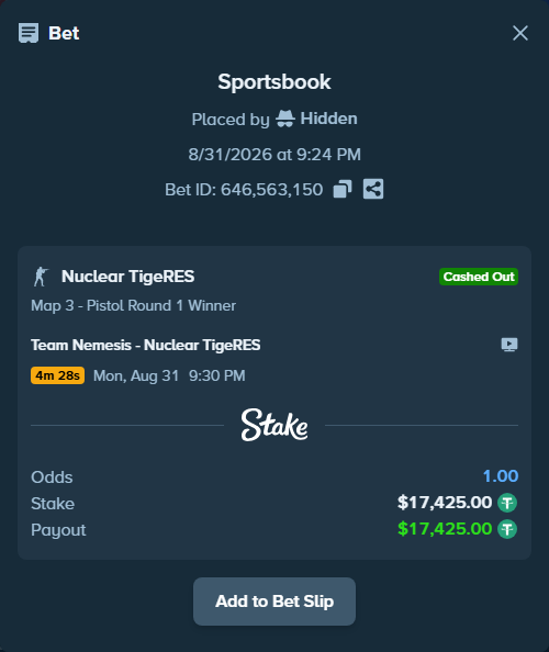 Bet slip: Team Nemesis - Nuclear TigeRES, $17,425.00 stake at 1.85 odds, placed by Hidden