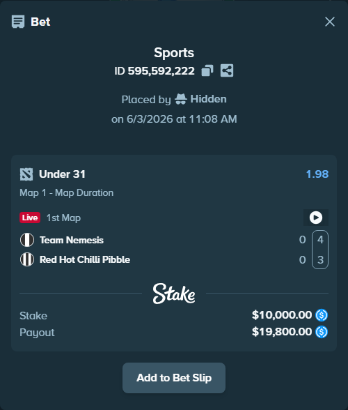 Bet slip: Team Nemesis - Red Hot Chilli Pibble, $10,000.00 stake at 1.98 odds, placed by Hidden