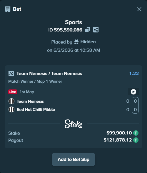 Bet slip: Team Nemesis - Red Hot Chilli Pibble, $100,000.00 stake at 1.22 odds, placed by Hidden