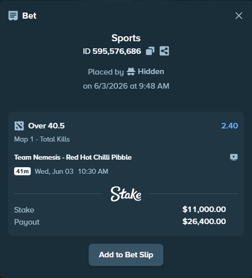 Bet slip: Team Nemesis - Red Hot Chilli Pibble, $11,000.00 stake at 2.40 odds, placed by Hidden