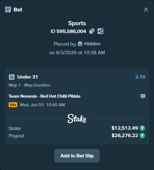 Bet slip: Team Nemesis - Red Hot Chilli Pibble, $12,525.00 stake at 2.10 odds, placed by Hidden