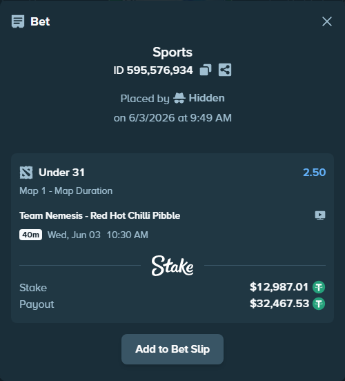 Bet slip: Team Nemesis - Red Hot Chilli Pibble, $13,000.00 stake at 2.50 odds, placed by Hidden