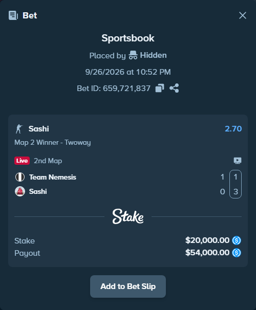 Bet slip: Team Nemesis - Sashi, $20,000.00 stake at 2.70 odds, placed by Hidden