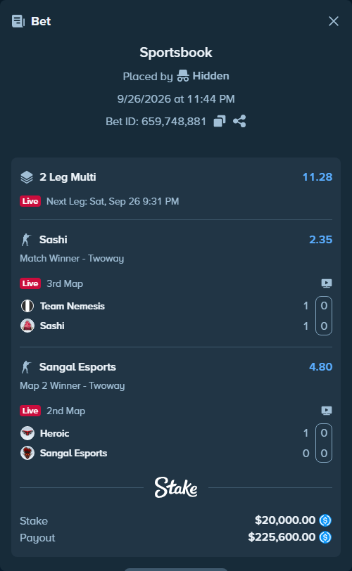 Bet slip: Team Nemesis - Sashi, $20,000.00 stake at 2.35 odds, placed by Hidden