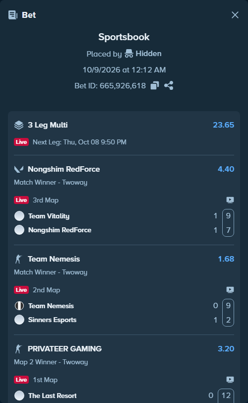 Bet slip: Team Nemesis - Sinners Esports, $10,000.00 stake at 1.68 odds, placed by Hidden