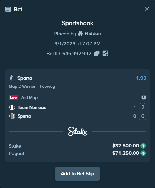 Bet slip: Team Nemesis - Sparta, $37,500.00 stake at 1.90 odds, placed by Hidden