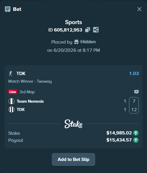 Bet slip: Team Nemesis - TDK, $15,000.00 stake at 1.03 odds, placed by Hidden