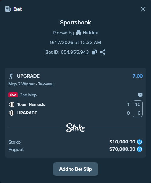 Bet slip: Team Nemesis - UPGRADE, $10,000.00 stake at 7.00 odds, placed by Hidden