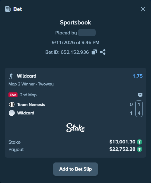 Bet slip: Team Nemesis - Wildcard, $13,000.00 stake at 1.75 odds, placed by fantasy7788