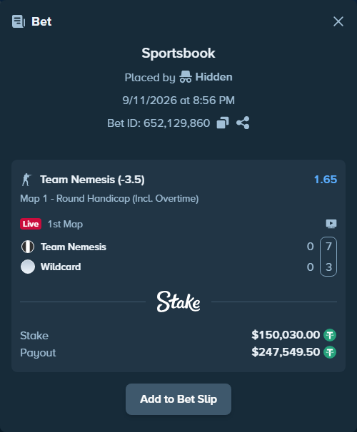 Bet slip: Team Nemesis - Wildcard, $150,000.00 stake at 1.65 odds, placed by Hidden