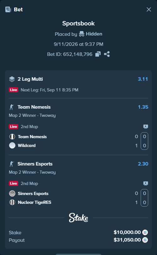Bet slip: Team Nemesis - Wildcard, $10,136.43 stake at 1.35 odds, placed by Hidden