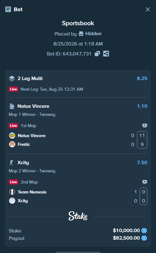 Bet slip: Team Nemesis - Xcity, $10,000.00 stake at 7.50 odds, placed by Hidden