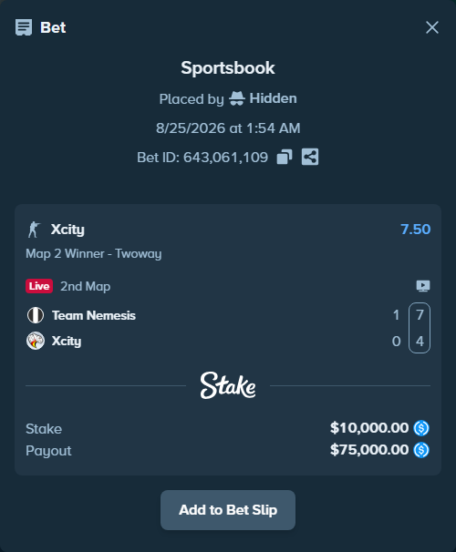 Bet slip: Team Nemesis - Xcity, $10,000.00 stake at 7.50 odds, placed by Hidden