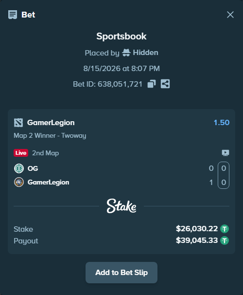 Bet slip: Team OG - GamerLegion, $26,056.25 stake at 1.50 odds, placed by Hidden