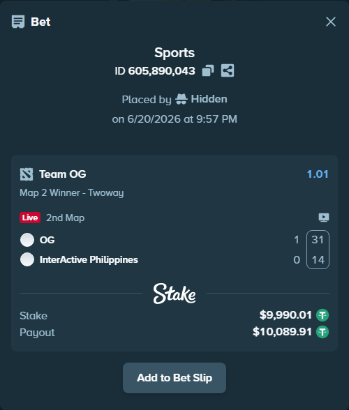 Bet slip: Team OG - InterActive Philippines, $10,000.00 stake at 1.01 odds, placed by Hidden