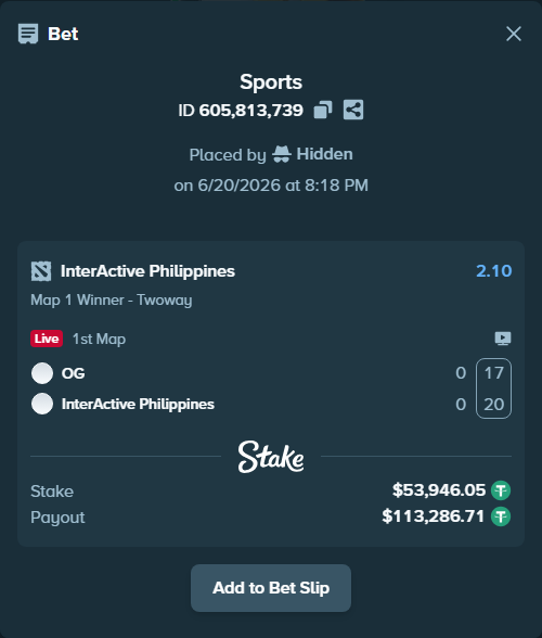 Bet slip: Team OG - InterActive Philippines, $54,000.00 stake at 2.10 odds, placed by Hidden