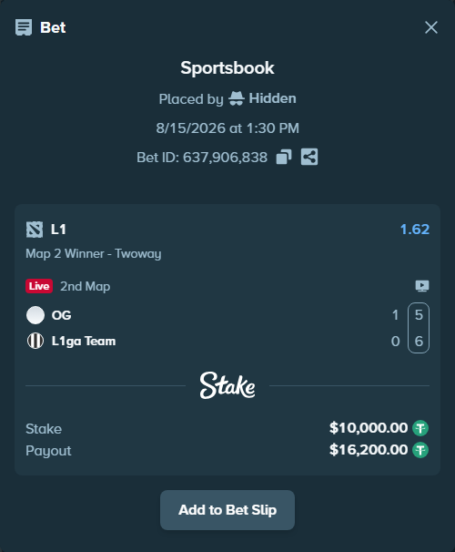 Bet slip: Team OG - L1, $10,010.00 stake at 1.62 odds, placed by Hidden