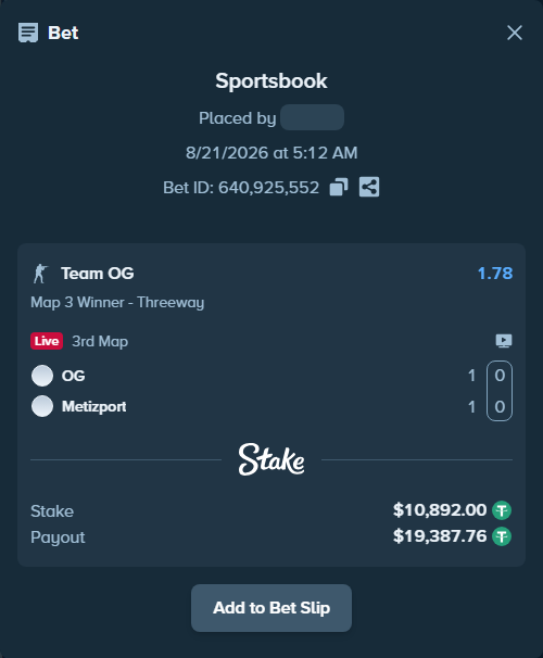 Bet slip: Team OG - Metizport, $10,892.00 stake at 1.78 odds, placed by saszakoncza