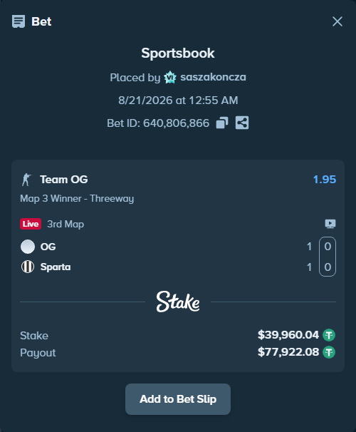 Bet slip: Team OG - Sparta, $40,000.00 stake at 1.95 odds, placed by saszakoncza