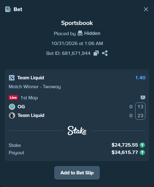Bet slip: Team OG - Team Liquid, $24,775.00 stake at 1.40 odds, placed by Hanselwilliam1