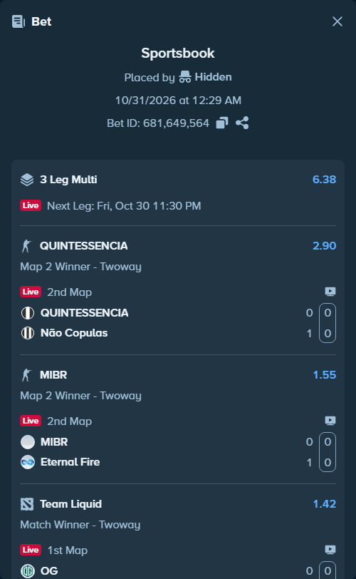 Bet slip: Team OG - Team Liquid, $24,898.19 stake at 1.42 odds, placed by Hidden