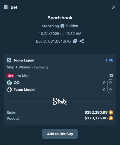 Bet slip: Team OG - Team Liquid, $252,192.53 stake at 1.48 odds, placed by Hidden