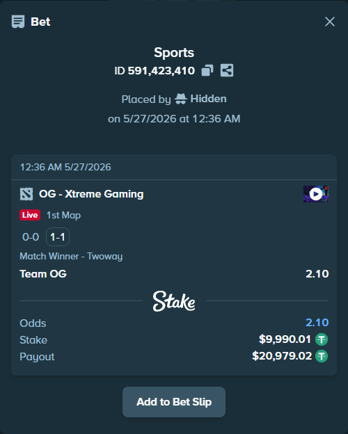 Bet slip: Team OG - Xtreme Gaming, $10,000.00 stake at 2.10 odds, placed by Hidden