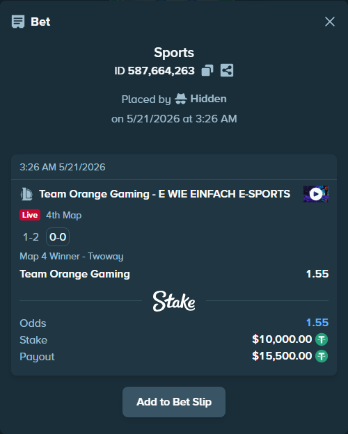 Bet slip: Team Orange Gaming - E WIE EINFACH E-SPORTS, $10,010.00 stake at 1.55 odds, placed by Hidden