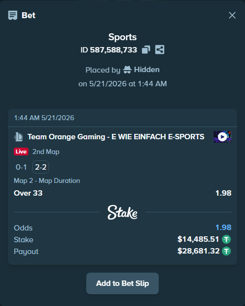 Bet slip: Team Orange Gaming - E WIE EINFACH E-SPORTS, $14,500.00 stake at 1.98 odds, placed by Hidden