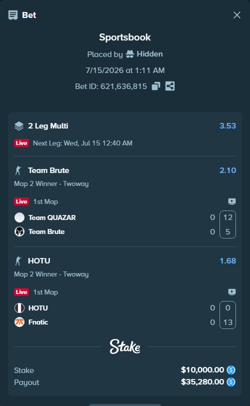 Bet slip: Team QUAZAR - Team Brute, $10,000.00 stake at 2.10 odds, placed by Hidden