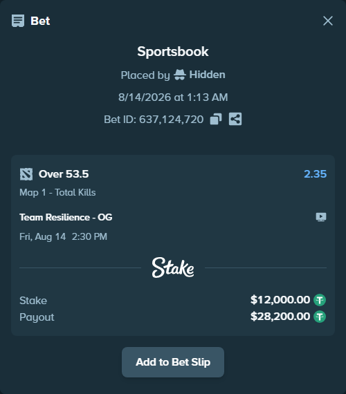 Bet slip: Team Resilience - Team OG, $12,012.00 stake at 2.35 odds, placed by Hidden