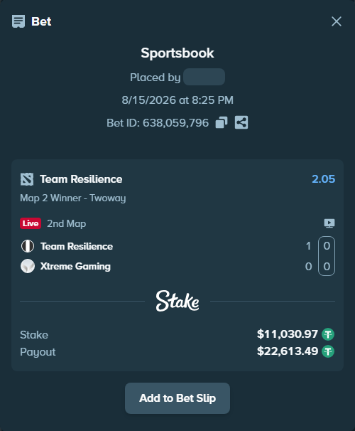 Bet slip: Team Resilience - Xtreme Gaming, $11,042.00 stake at 2.05 odds, placed by Hanselwilliam1