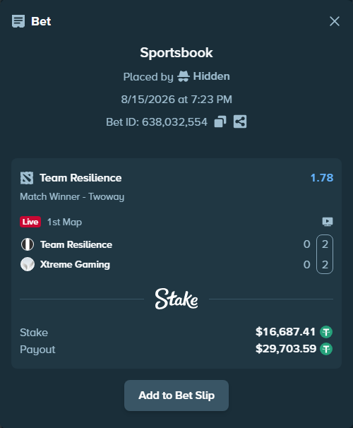 Bet slip: Team Resilience - Xtreme Gaming, $16,704.10 stake at 1.78 odds, placed by Hidden