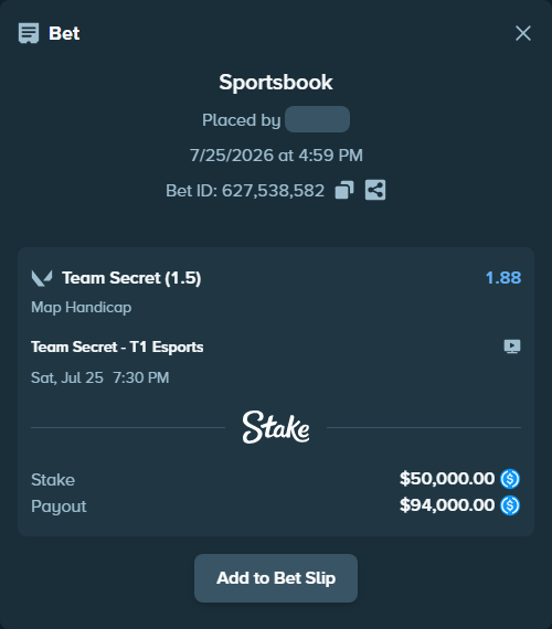 Bet slip: Team Secret - T1 Esports, $50,000.00 stake at 1.88 odds, placed by Cabrzy