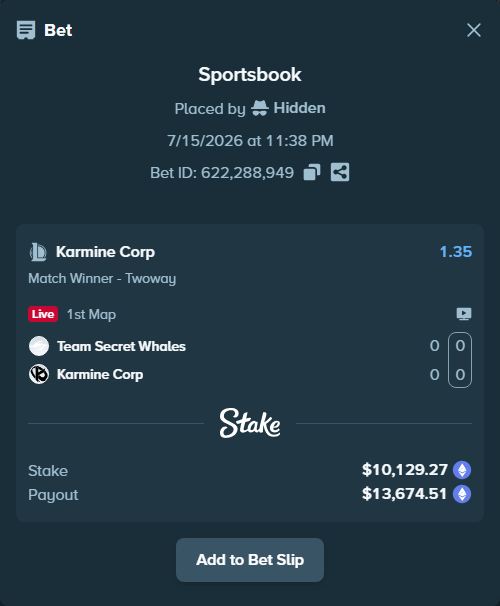 Bet slip: Team Secret Whales - Karmine Corp, $9,988.07 stake at 1.35 odds, placed by Hidden
