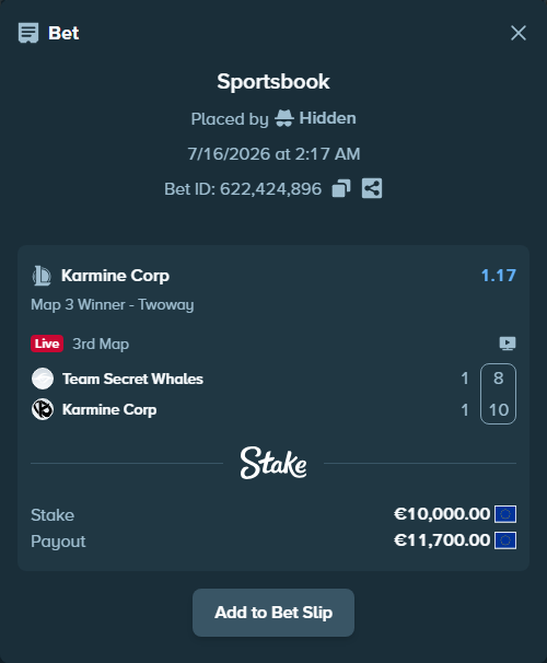 Bet slip: Team Secret Whales - Karmine Corp, $10,800.00 stake at 1.17 odds, placed by Hidden