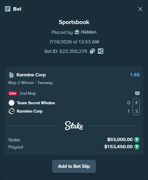 Bet slip: Team Secret Whales - Karmine Corp, $93,093.00 stake at 1.65 odds, placed by Hidden