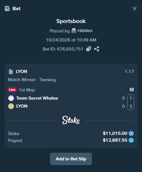 Bet slip: Team Secret Whales - LYON, $11,015.00 stake at 1.17 odds, placed by Hidden