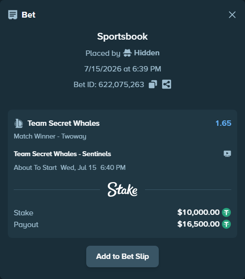 Bet slip: Team Secret Whales - Sentinels, $10,010.00 stake at 1.65 odds, placed by Hidden