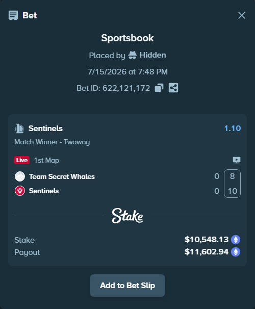 Bet slip: Team Secret Whales - Sentinels, $10,653.94 stake at 1.10 odds, placed by Hidden