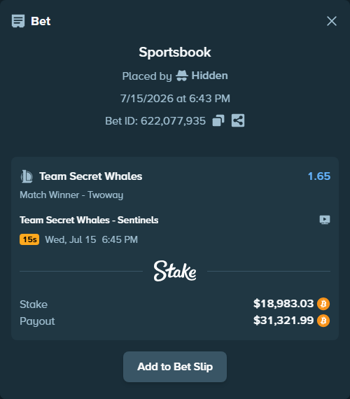 Bet slip: Team Secret Whales - Sentinels, $18,865.44 stake at 1.65 odds, placed by Hidden