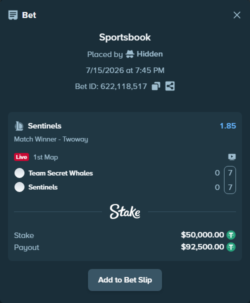 Bet slip: Team Secret Whales - Sentinels, $50,050.00 stake at 1.85 odds, placed by Hidden
