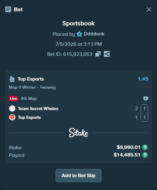 Bet slip: Team Secret Whales - Top Esports, $10,000.00 stake at 1.45 odds, placed by Ddddonk