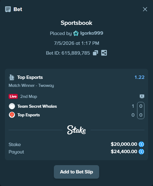 Bet slip: Team Secret Whales - Top Esports, $20,000.00 stake at 1.22 odds, placed by Igorko999