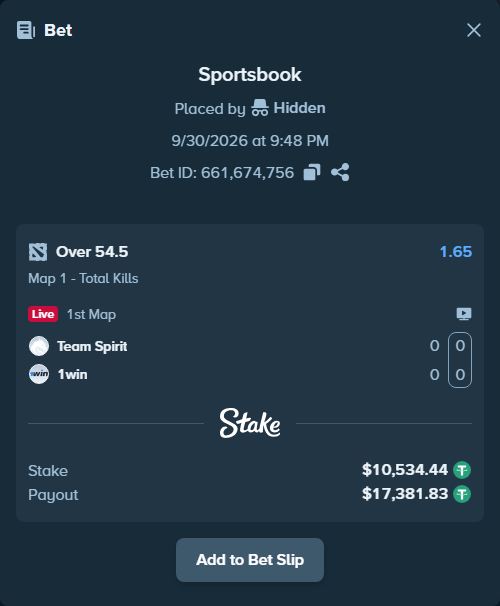Bet slip: Team Spirit - 1win, $10,534.44 stake at 1.65 odds, placed by wowtuna