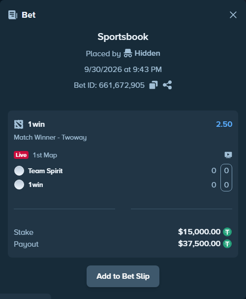 Bet slip: Team Spirit - 1win, $15,000.00 stake at 2.50 odds, placed by Håvardlied2004