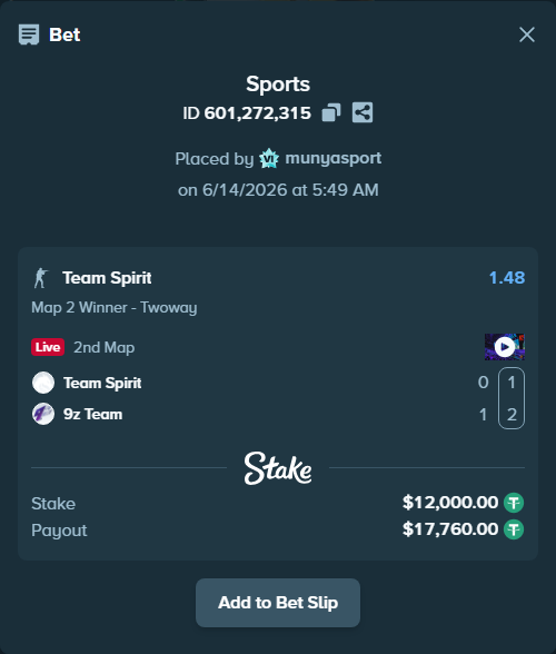 Bet slip: Team Spirit - 9z Team, $12,012.00 stake at 1.48 odds, placed by munyasport