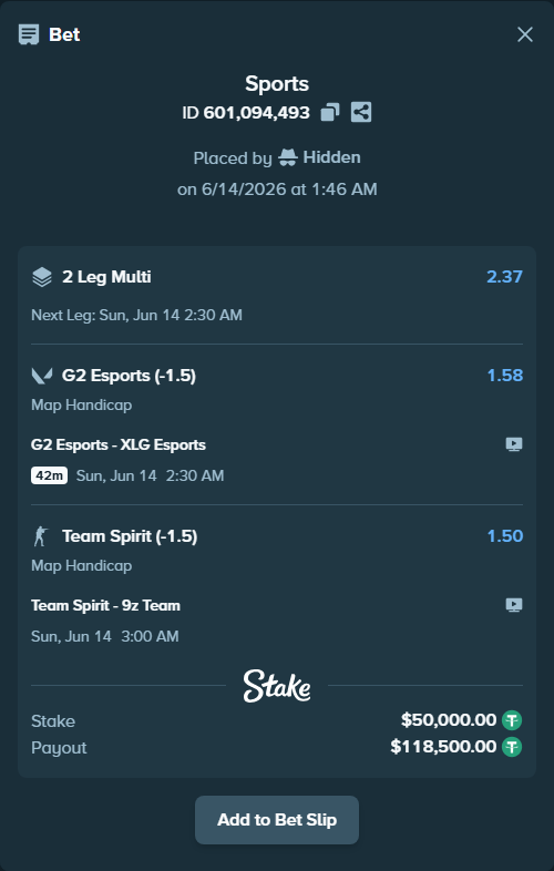 Bet slip: Team Spirit - 9z Team, $50,050.00 stake at 1.50 odds, placed by Hidden