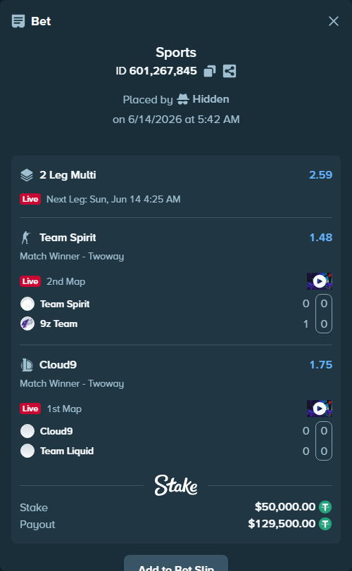 Bet slip: Team Spirit - 9z Team, $50,050.00 stake at 1.48 odds, placed by Hidden