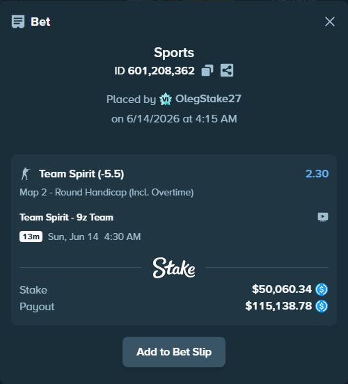 Bet slip: Team Spirit - 9z Team, $50,060.34 stake at 2.30 odds, placed by OlegStake27